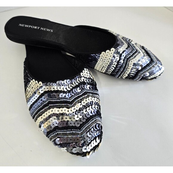 NEWPORT NEWS Sequined Mules Silver White & Gray Slip On Flats Women's Size 11 - Picture 4 of 7